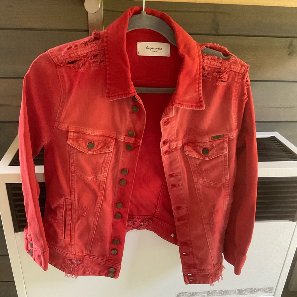 Acquaverde denim jacket.  Red/orange slight ombré destroyed large